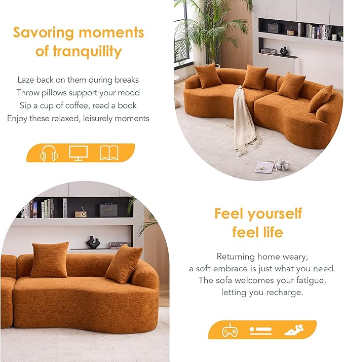 Oversized Sectional Sofa for Living Room 110 Modern Luxury Plush Chenille Sofa 4-Seater Extra Deep &amp Wide Seat Curved Cloud Couch with 4 Throw Pillows Orange