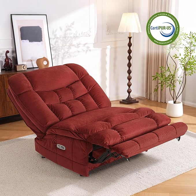 MCombo Dual Motor Oversized Power Recliner Chair 38.2'' Large Wide Seat Rocker Recliner with LED Lighting USB Ports Perfect for Living Room Office and Home Theater Fabric PR607 (Burgundy)