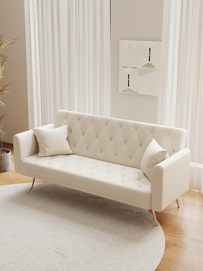 71 Convertible Velvet Futon Sofa Bed Loveseat with Multiple Adjustable BackrestsModern Sleeper Couch with Golden Metal Legs for Living RoomApartmentOfficeBeige