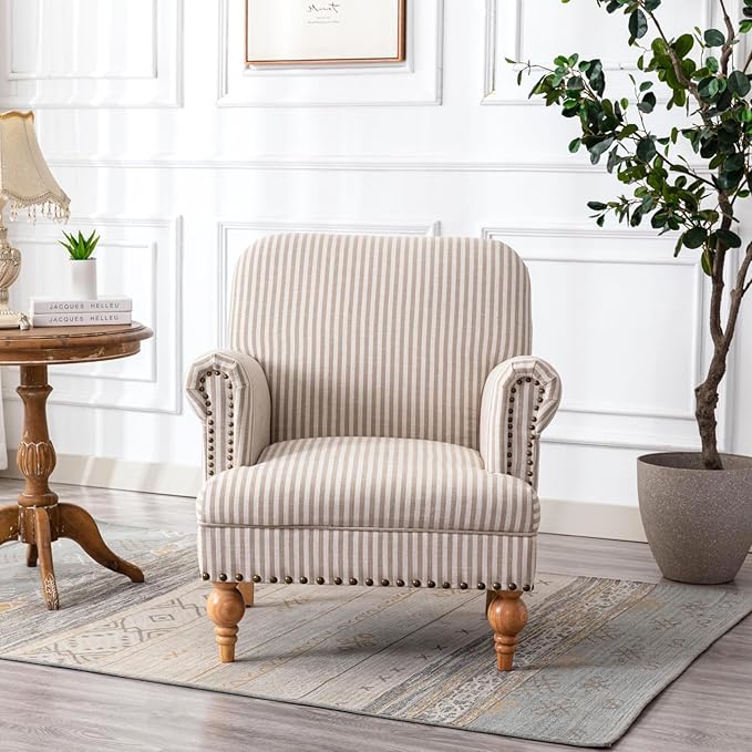 chairus Linen Accent Chair for Living Room Upholstered Mid Century Modern Single Sofa Chair with Solid Wood Legs Comfy Reading Chair Armchair for Bedroom/Office Room/Recption/Lounge Khaki Stripe
