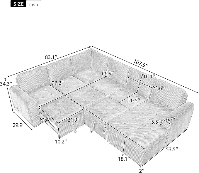 Modern 107.5 U-Shaped Sectional Sofa Convenient Pull-Out Sofa Bed with a Storage Chaise Lounge Corduroy 5 Seat Couch with Charging Devices for Living Room Apartment (Beige-8.18)