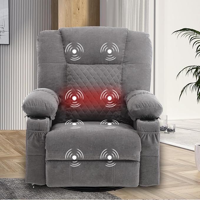 Rocker Recliner Chair with Heat and Massage Wide Seat Overstuffed Fabric Reclining Chair for Living Room Nursery Glider Rocking Chair Swivel Recliner with Cup Holder Grey