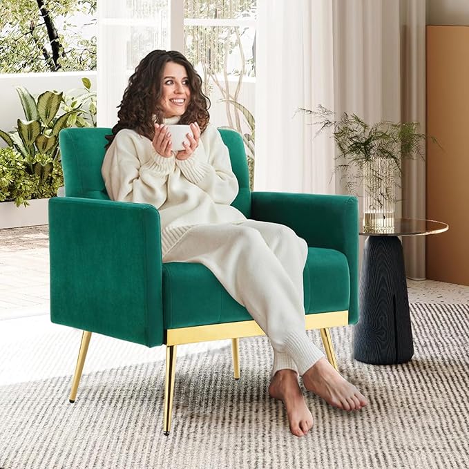 Velvet Accent Chairs Set of 2 Modern Button Tufted Armchair with Metal Legs Small Comfy Upholstered Single Reading Club Chair for Living Room Bedroom Office Decorative(Green)