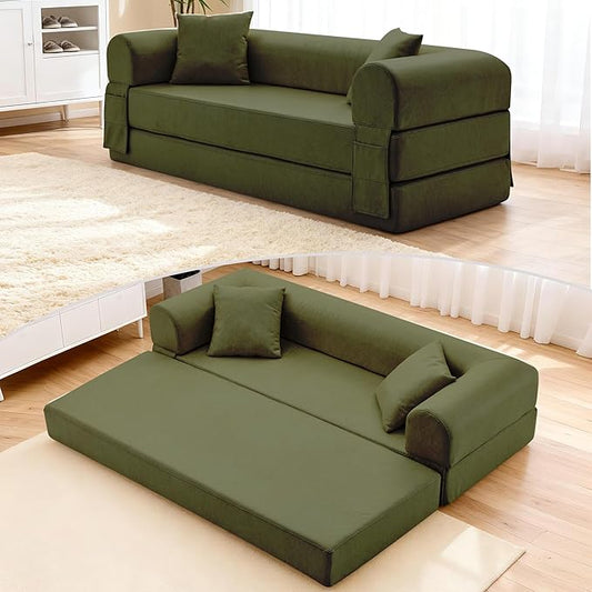 78.5 Convertible Sleeper Sofa Bed Faux Leather Deep Seat Folding Floor Sofa with Pullout Bed &amp 2 Pillows No Assembly Modern Boneless Couch Compression Sofa in Box for Living Room Office Green