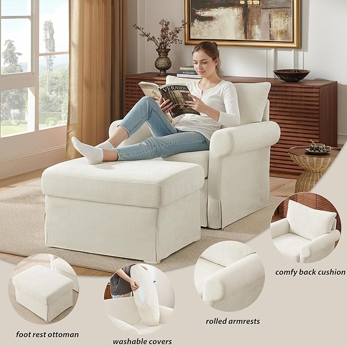 Modern Accent Chairs with Ottoman Set Comfy Chenille Reading Armchair with Rolled Arms and Cushion Backrest 35.8 W Single Living Room Chairs for Bedroom Study Apartment Beige