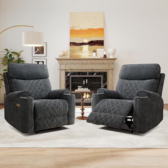 Electric Recliner Chair Set of 2 Soft Fabric Power Recliners with Metal Cup Holders Single Overstuffed Heavy Duty Reclining Sofa Chairs for Living Room Bedroom Dark Grey