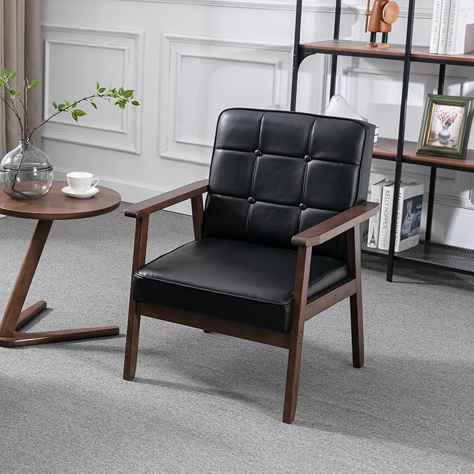 Okeysen Mid Century Modern Accent Chair Retro Wood and Leather Armchairs Side Chair Lounge Reading Comfy Arm Chair for Living Room Bedroom Office (Matte Black)