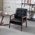 Okeysen Mid Century Modern Accent Chair Retro Wood and Leather Armchairs Side Chair Lounge Reading Comfy Arm Chair for Living Room Bedroom Office (Matte Black)