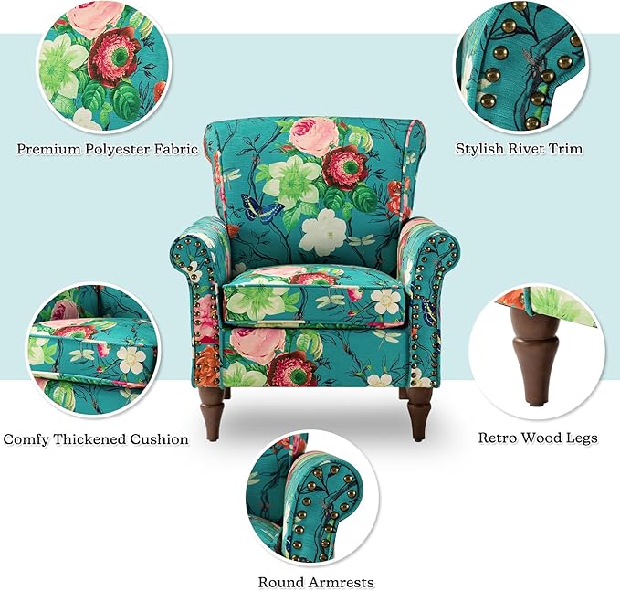 HULALA HOME Modern Wingback Accent Chairs Set of 2 with Wood Legs &amp Removable Cushion Comfy Upholstered Armchairs with Nailhead Trim Floral Pattern Single Sofa Chairs for Living Room Bedroom Bl