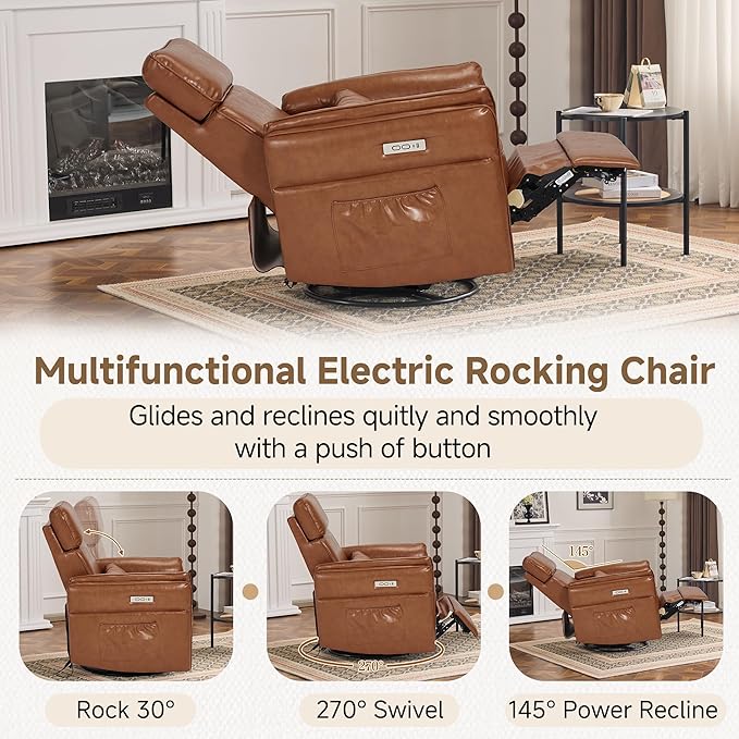 Power Recliner Rocking Chair Nursery Gliders with Adjustable Armrests and Headrest Swivel Electric Glider Reclining Nursing Chair with USB Port and Storage Bags FSC Certified (Leather Brown)