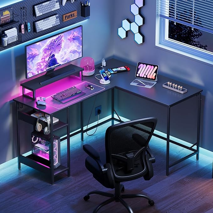 DEVAISE 55 Inch L Shaped Gaming Desk with LED Lights &amp Power Outlets Corner Desk for Small Spaces Sturdy PC Computer Table with Storage for Home Office Black