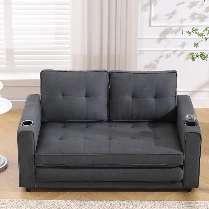 Merax Futon Sofa Bed 3 in 1 Convertible Loveseat Sleeper with Pull Out Bed Foldable Tufted Sofa Bed Couch W/Cup Holder and Side Pockets for Living Room Bedroom Office Dark Gray