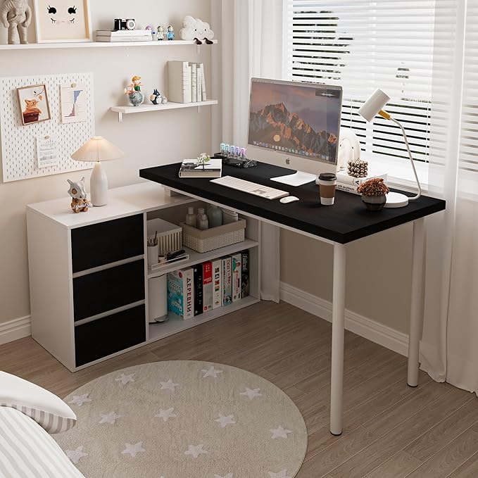 L Shaped Computer Desk 47 Inch Home Office Desk with File Drawers &amp Storage Shelves Small Corner Computer Desk for Small Space (White+Black)