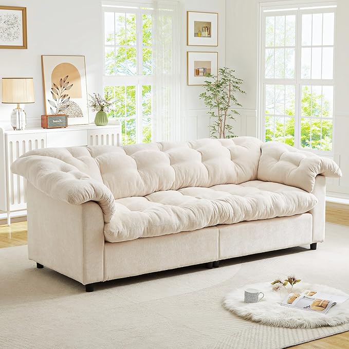 Modern Sofa Couch 94.8W Chenille Tufted Fluffy Comfy Cloud Couch with Tutfted Design &amp Armrest Pillows Upholstered Oversized Loveseat Sofa for Living Room Bedroom Office Apartment Beige