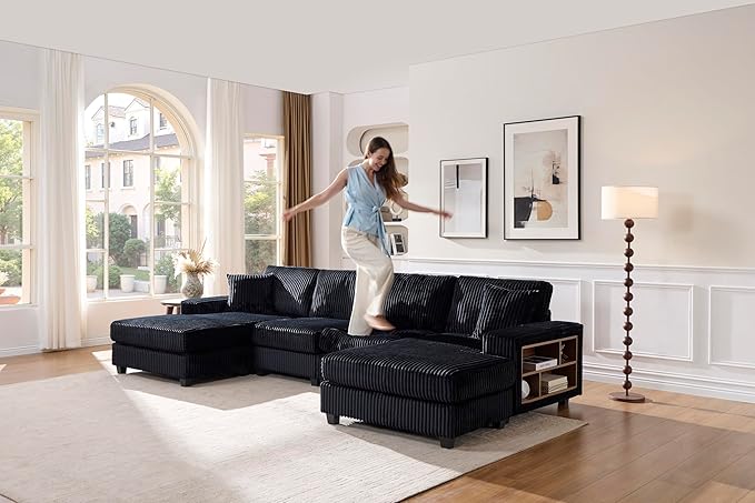 137” Oversized Corduroy Sectional Sleeper Sofa with Double Storage Chaise U Shaped 4 Seat Sectional CouchBlack