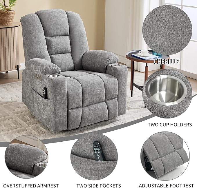 Power Lift Chair with Massage &amp Heat Electric Recliner Chairs for Adults Remote Control Sofa for Living Room Standing Assistance USB Ports Stainless Steel Cup Holders (Light Grey)