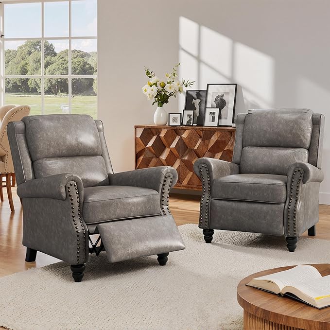 Pushback Recliner Chairs Set of 2 Faux Leather Wingback Recliner Chair Upholstered Push Back Armchair Recliner Single Sofa with Trim Wood Legs for Living Room (PU Gray)