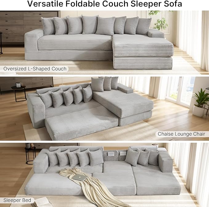 110 Boneless Couches for Living Room Cloud Modular Sectional Sofa Bed Customizable Convertible Sleeper Sofa Plush Corduory Folding Futon Floor Couch No Assembly(Light GreyRight)