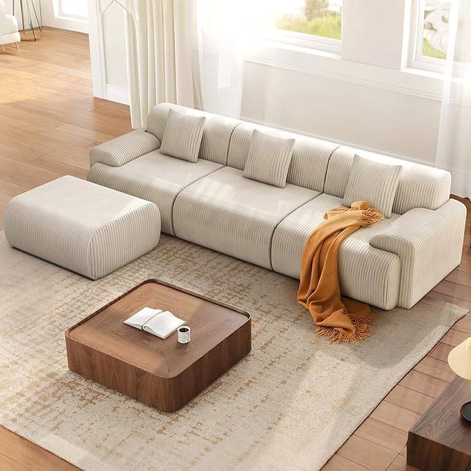 118 Modern L Shaped Modular Sectional Sofa Boneless Cloud Couch with Ottoman Oversized Corduroy Couch Deep Seat 30D Sponge for Indoor Living Room No Assembly Required(Beige)