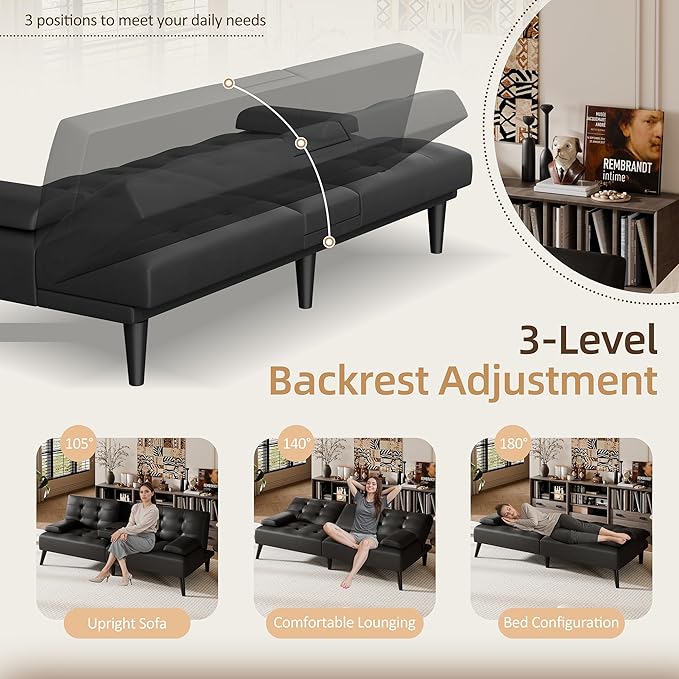 Shintenchi Futon Sofa Bed Leather Foldable Couch Reclining Sleeper with Removable Armrests Upholstered Loveseat Sofa Couch with Folding Cup Holders for Home Office(Black)