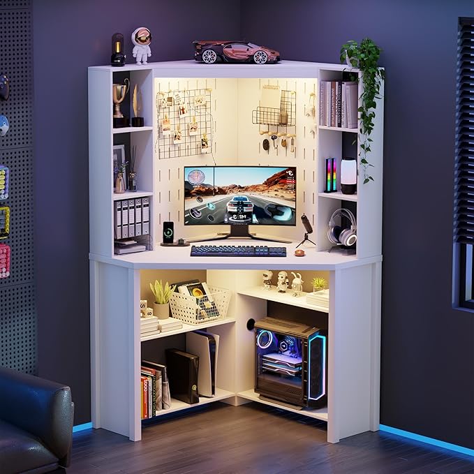 Corner Desk with LED Reading Lights L Shaped Computer Desk with Hutch &amp Shelves Triangle Home Office Desk w/ Charging Station for Work &amp Study File Cabinet Storage Bookshelf for Small Space