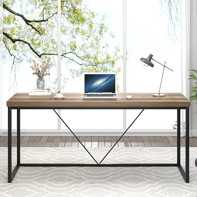 FOLUBAN Industrial Computer Desk Rustic Wood and Metal Writing Desk Vintage PC Table for Home Office Oak 60 inch