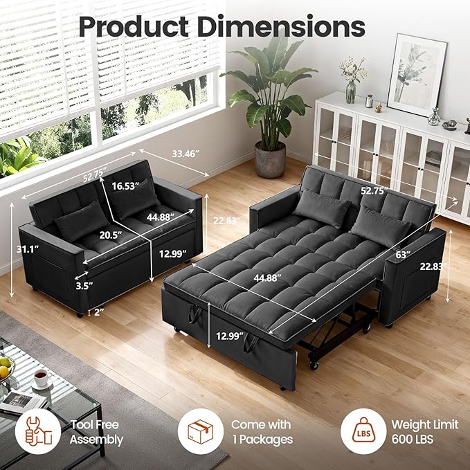3 in 1 Convertible Sofa Bed Love Seat Sleeper Bed with Side Pockets Velvet Fabric Pull Out Couch with Adjustable Backrest for Living Room Bedroom Apartment Black