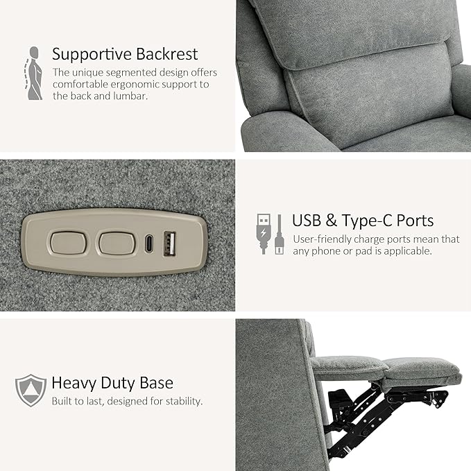 MCombo Power Swivel Rocker Recliner Chair Oversized Power Recliner Chair for Big and Tall People 400lbs Heavy Duty Recliners USB Charge Ports for Living Room Office Fabric OE678 (Light Grey)