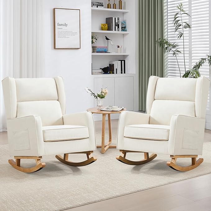 Nursery Rocking Chairs Rocking Chair Nursery for Mom Nursery Rocker with High Backrest and Solid Wood Legs Modern Wingback Accent Chair Set of 2 for Reading Living Room Bedroom Beige