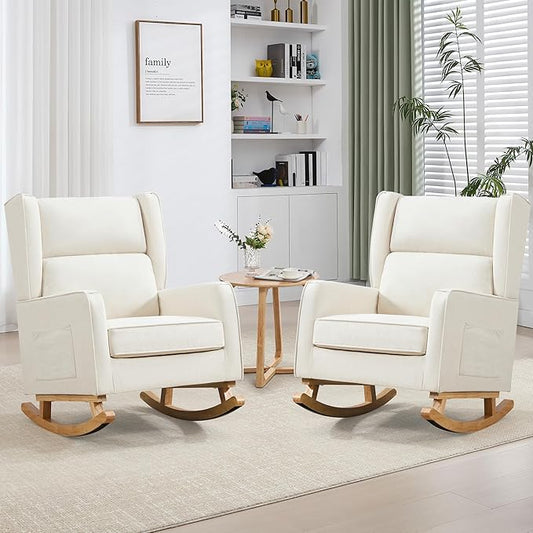 Nursery Rocking Chairs Rocking Chair Nursery for Mom Nursery Rocker with High Backrest and Solid Wood Legs Modern Wingback Accent Chair Set of 2 for Reading Living Room Bedroom Beige