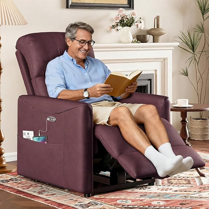 Power Recliner Chair Reclining Chair PU Leather Small Recliners for Small Spaces Infinite Position Electric Recliner Chairs for Adults Electric Recliners with USB Port Purple