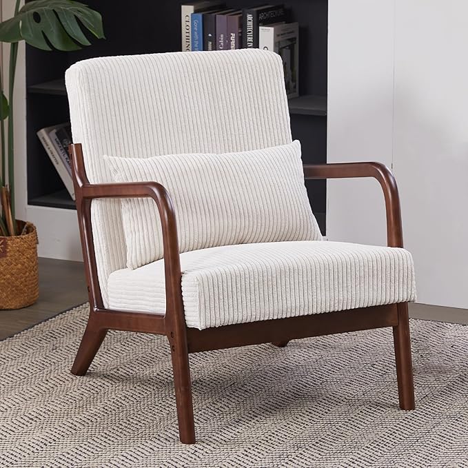 Mid Century Modern Accent Chair Upholstered Corduroy Armchair with Lumbar Pillow Solid Rubberwood Frame for Living Room Bedroom Waiting Room White