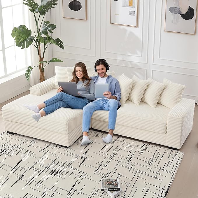 Fefances Spacious Two-Section Left-Oriented Modular L-Shaped Corduroy Sectional Couch for Living Spaces 111 Upholstered Convertible Chaise Sofa &amp Chaise Lounge with Daybed FunctionalityBeige/L.