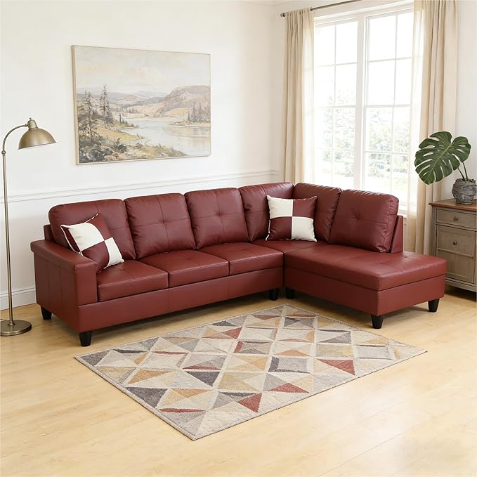 103.5 Inch Modern L-Shaped Couch Faux Leather Sectional Sofa with Chaise Lounge 4-Seater Couch with Accent Pillows for Living Room Apartment Dark Red