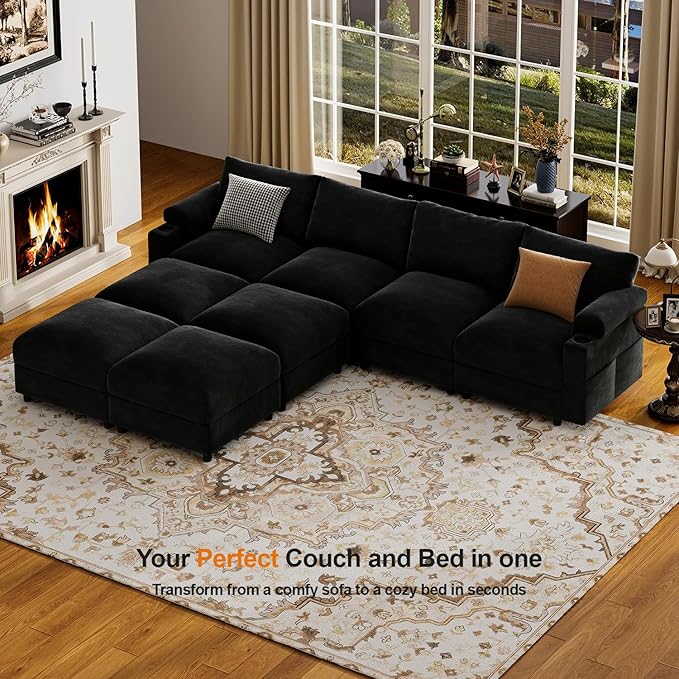 Sectional Couches for Living Room FSC Certified Velvet Modular Couch Oversized Cloud U Shaped Convertible Sleeper Sofa Chaise Detachable Armrest Cushion (Chenille Black Sleeper 8 Seat)