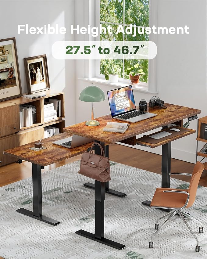 Marsail Electric Standing Desk Adjustable Height 55 * 24 Inch Sit Stand up Desk for Home Office Furniture Computer Desk with 3 Memory Presets Headphone Hook Rustic Brown