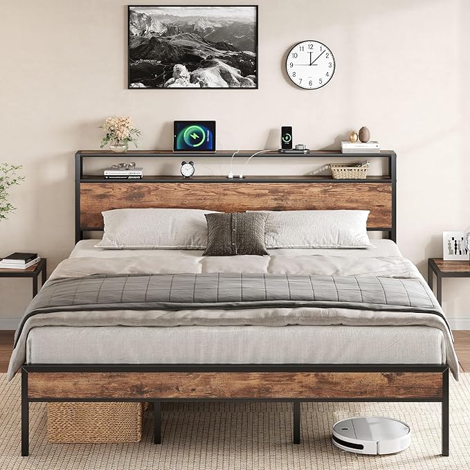 King Size Bed Frame with USB Charging Station &amp Storage Headboard Modern Metal Platform Bed with Large Under Bed Space Noise Free Easy Assembly No Box Spring Needed Rustic Brown