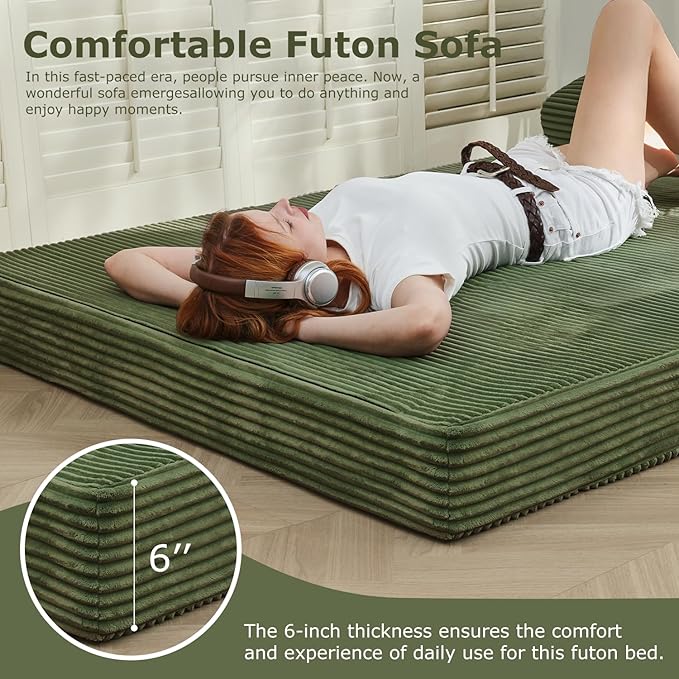 Folding Futon Sofa Bed Full Size 6 inch Convertible Floor Couch Bed with Removable Corduroy Cover Pull Out Couch for Small Spaces High-Density FoamGreen