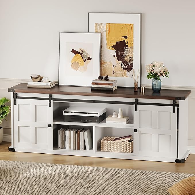 GAOMON 70 Farmhouse TV Stand for 80/75/70 Inch TVsEntertainment Center Storage Cabinets w/Power Outlets and Sliding Barn DoorRustic TV Stands for Living RoomMedia Console Cabinet (White+Wood)