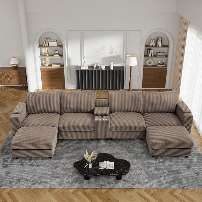 153 Oversized Cloud Couch U Shaped Modular Sectional Sofa L Shaped Sectional Couches for Living Room Comfy Corduroy Cloud Sofa with Ottoman Cup Holder USB Port Armrest Storage Side Pocket Brown