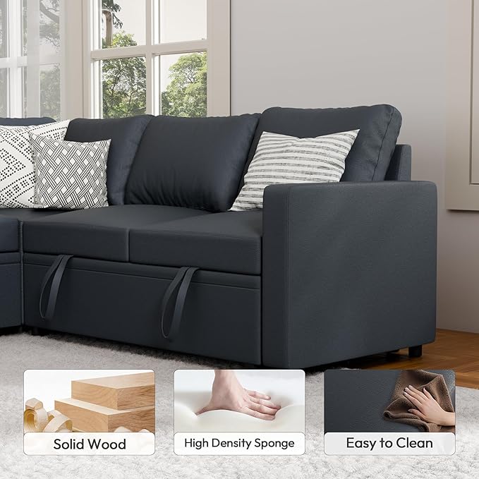 FONTOI Sleeper Sofa Bed Modular Sectional Couch with Pull Out Bed L Shaped Sectional Convertible SofaBed with Storage Seat for Living Room Apartment Bedroom Office Dark Gray Linen