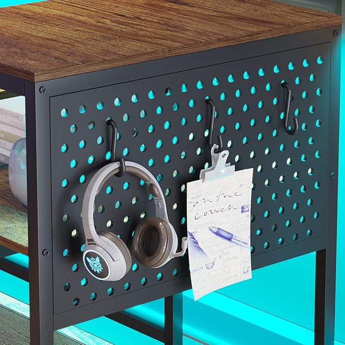 SEDETA L Shaped Computer Desk Reversible Computer Desks L Shaped Desk with Power Outlets &amp LED Strip Monitor Shelf Keyboard Tray Pegboard and Storage Shelves for Home Office Rustic Brown