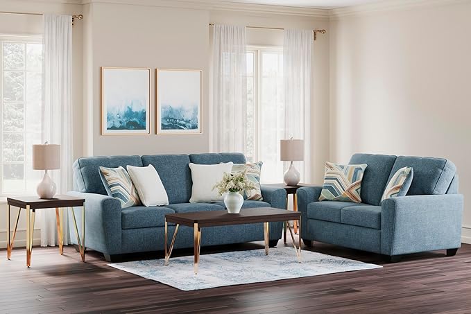 Signature Design by Ashley Cashton Contemporary Loveseat Exposed Feed With Faux Wood Finish Accent Pillows Fabric Upholstery 63 W x 38 D x 39 H Blue