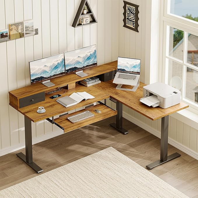 Casaottima 59 Inch Electric L-Shaped Standing Desk with Drawers Height Adjustable Stand Up Corner Desk with Monitor Stand &amp Keyboard Tray Lift Table for Home Office Workstation Rustic Brown