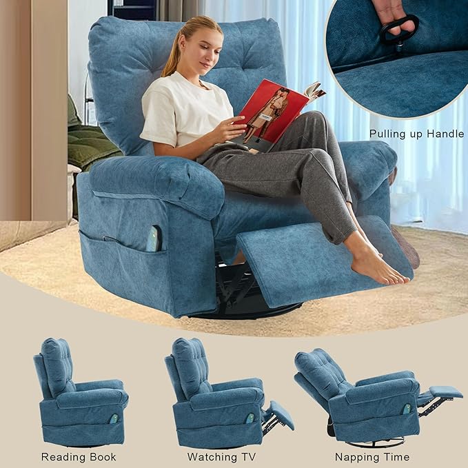 Rocker Recliner Chair for Adults Soft Lazy Boy Recliner Chair with Heat&amp Adjustable Backrest Footrest Oversized Massage Recliner Chair with Swivel and Side Pocket for Living Room Bedroom (Blue)
