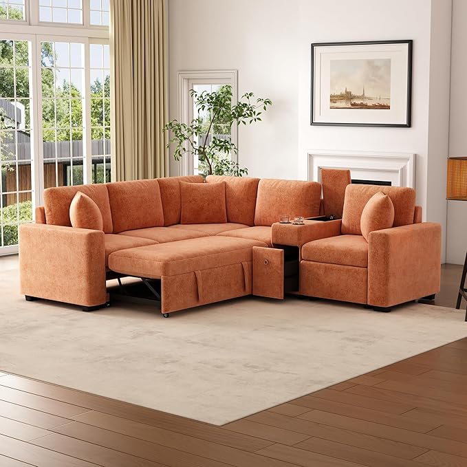 120.5 L-Shaped Convertible Sofa Bed with Pull-Out Bed Chenille Modular Sectional Sofa Reversible Sleeper with Cup Holders and Ample Storage Space for Living Room (Orange-120.5D)
