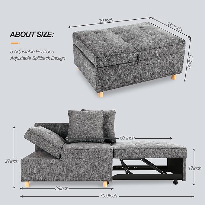 SEJOV Sofa Bed 4-in-1 Convertible Sofas &amp Couches 3-Seat Linen Fabric loveseat Sofa with 2 Throw Pillow Single Recliner for Small Space with 5 Adjustable Backrest Dark Grey