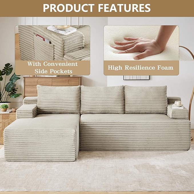96 Modular Sectional Sofa Modern Corduroy L Shaped Cloud Couch with Side Pockets Boneless Upholstered Couches with Deep Seat for Living Room No Assembly Required (Camel Left Facing Chaise)
