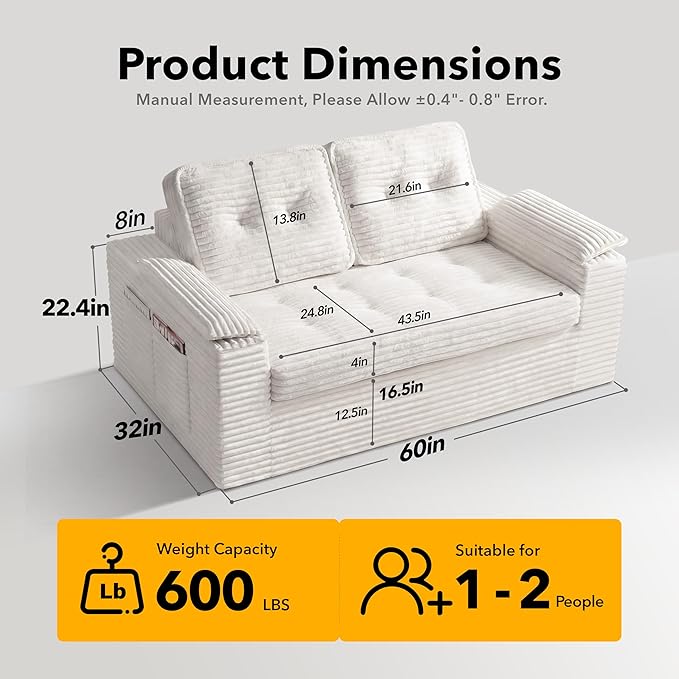 Boneless Loveseat 2 Seater Deep Seat Loveseat Sofa with Wide‑Wale Corduroy for Small Spaces &amp Living Room 60” Width No Assembly Washable Cover Beige