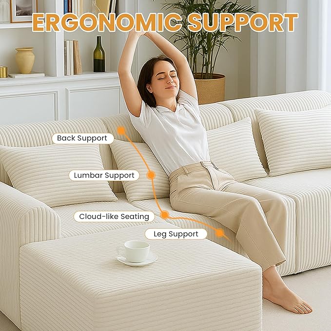 116 Boneless Couch Sectional Couches for Living RoomCloud Modular Sectional Sofa with Ottoman L-Shaped Modern Sofa with Deep Seat &amp High-Back DesignCorduroy 4-Seater Chaise Couch with 5 Pillows